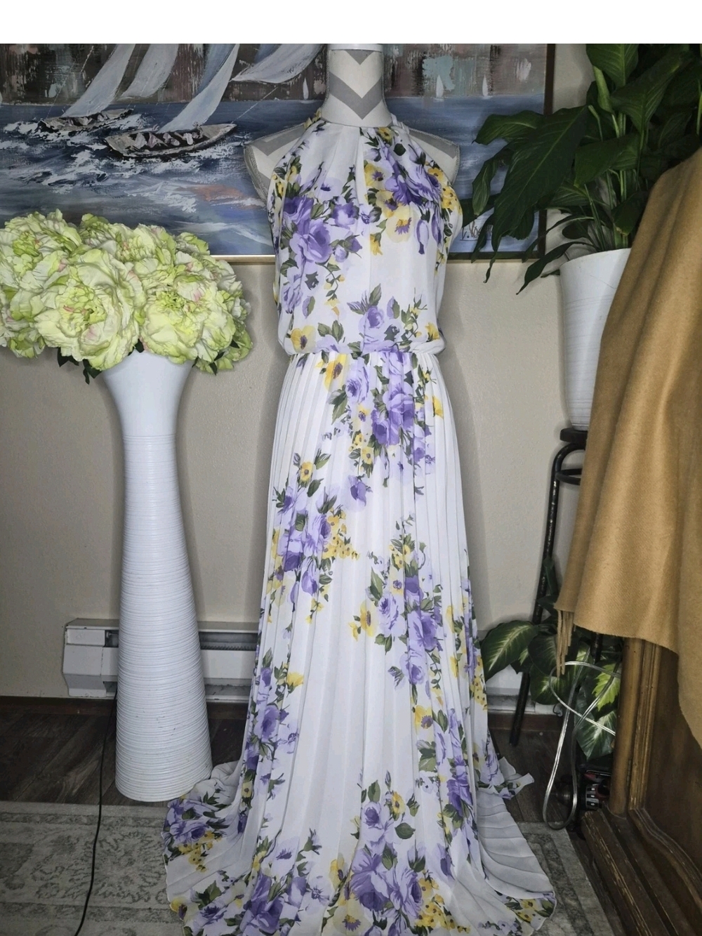 Premier Armour White & Purple Floral Design Sleeveless Dress